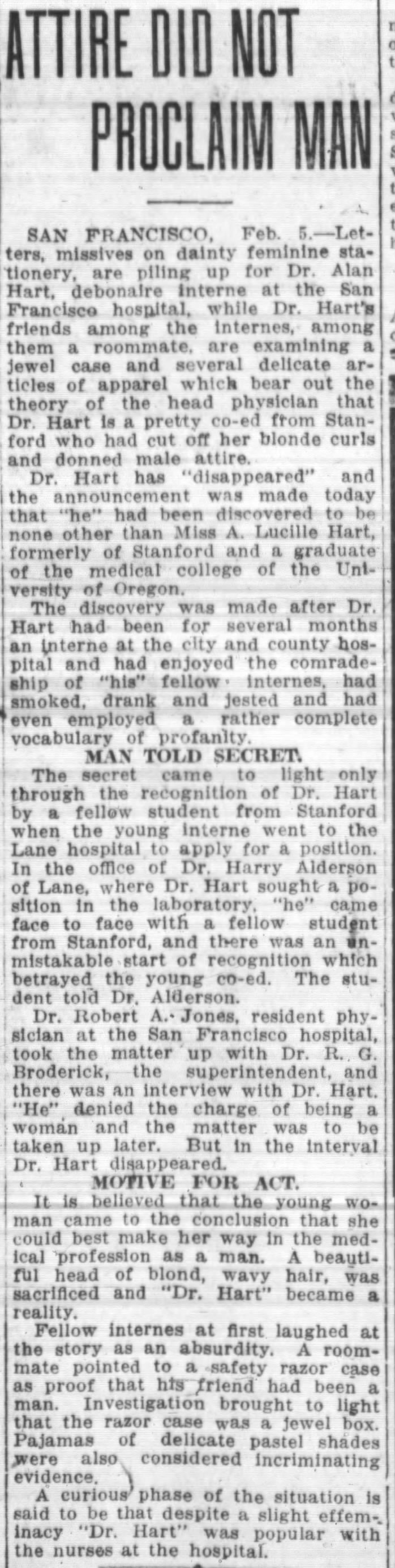 Attire Did Not Proclaim Man from Oakland Tribune, Oakland, California. Feb. 5, 1918. 