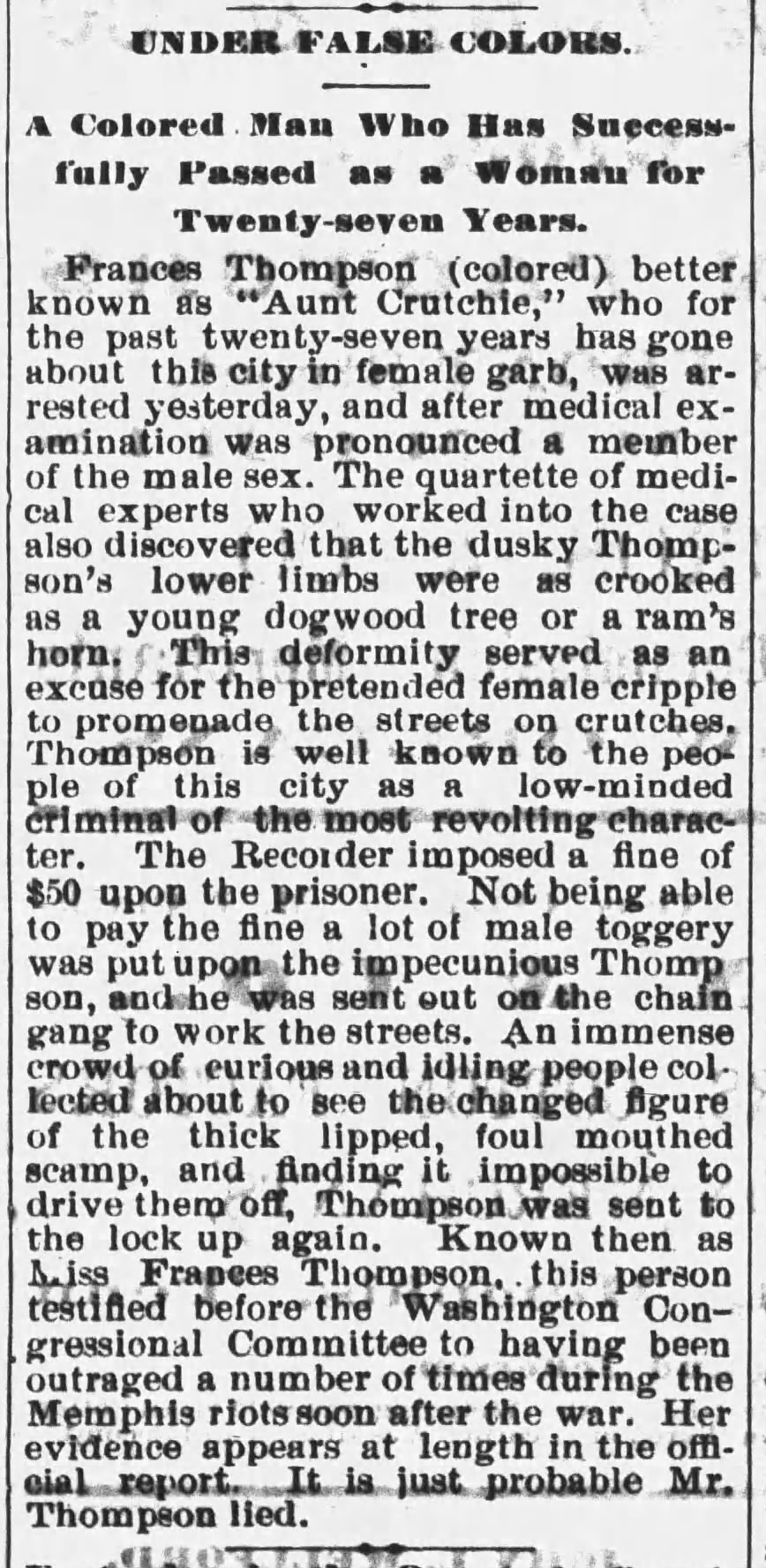 Under False Colors artilce from the Daily Memphis Avalance on July 12, 1876