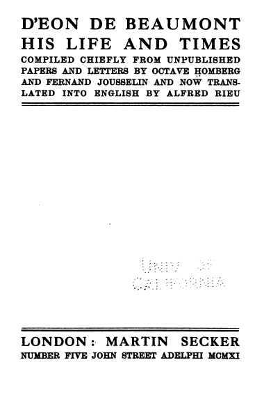 D’Eon de Beaumont, His Life and Times - title page