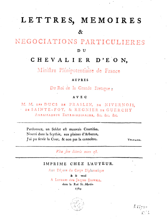 Lettres, mémoires et négociations particulières du chevalier d’Eon - title page