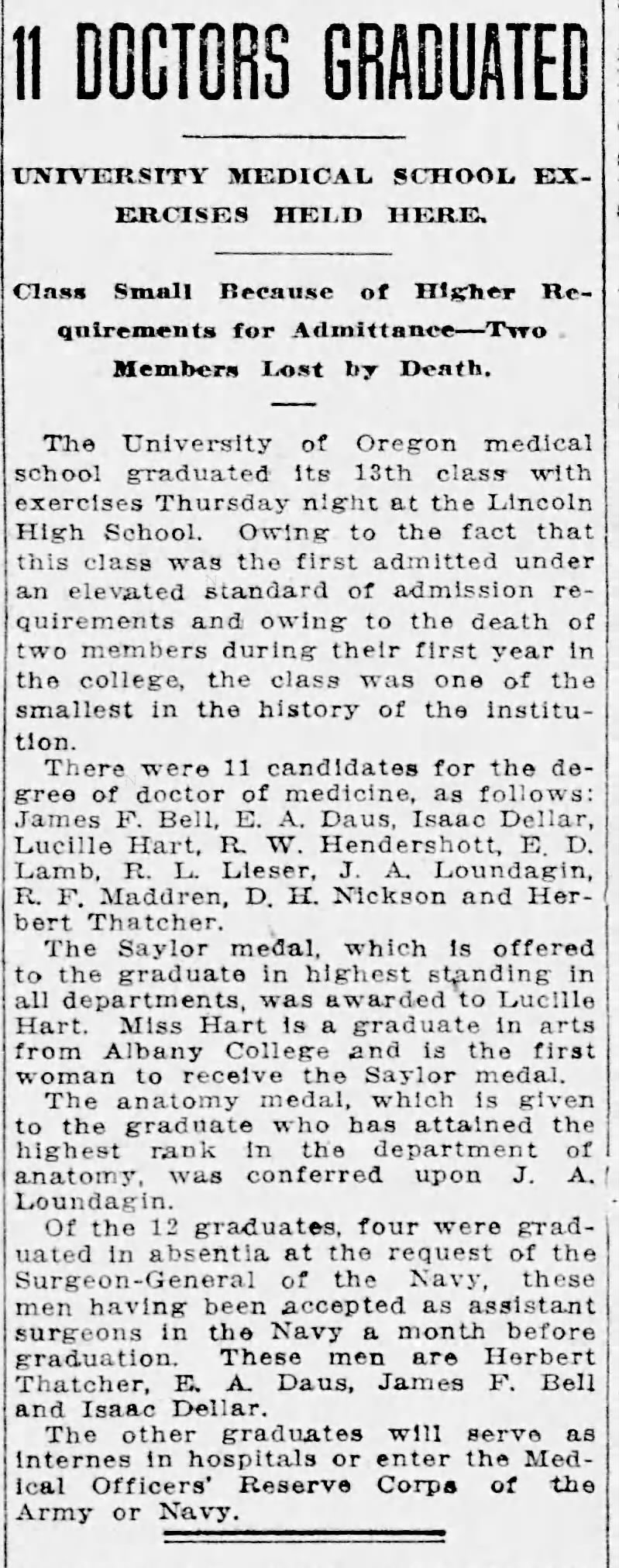 Clip of 11 Doctors Graduated - Sunday Oregonian, June 10, 1917