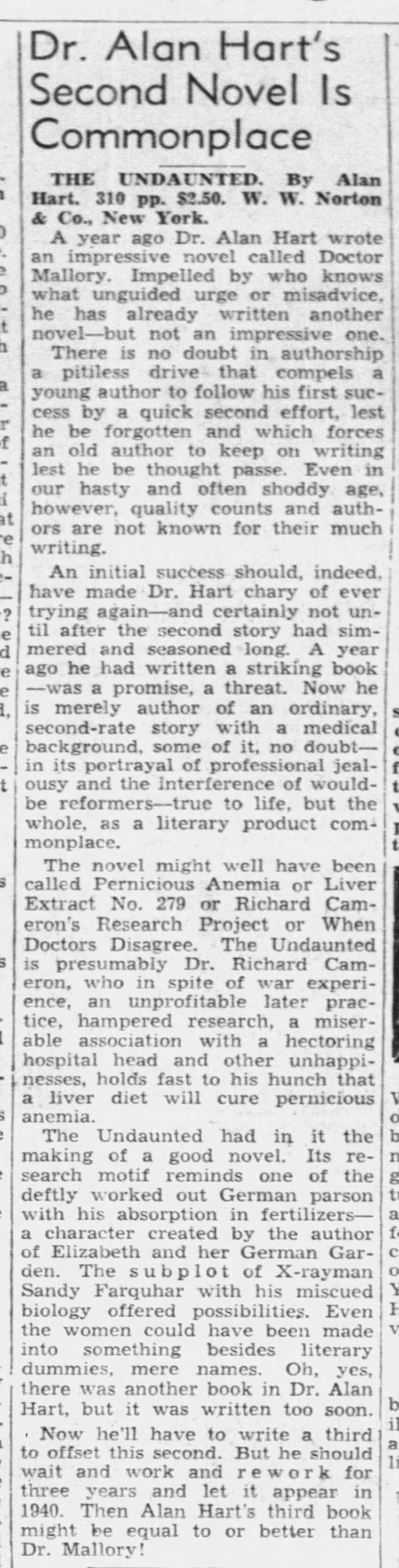 Dr. Alan Hart's Second Novel is Commonplace from Honolulu Star-Bulletin Saturday, May 02, 1936 Page 46