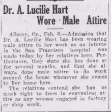 Snip of Dr. A. Lucille Hart Wore Male Attire from The Capital Journal, Salem, Oregon, Wed, Feb 06, 1918, Page 8