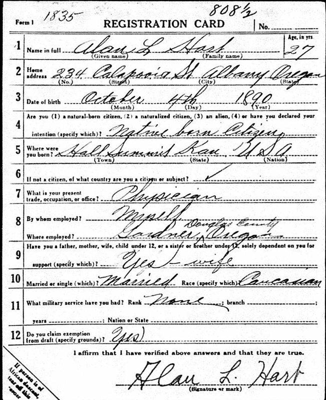 WWI Draft Registration card for Alan Hart