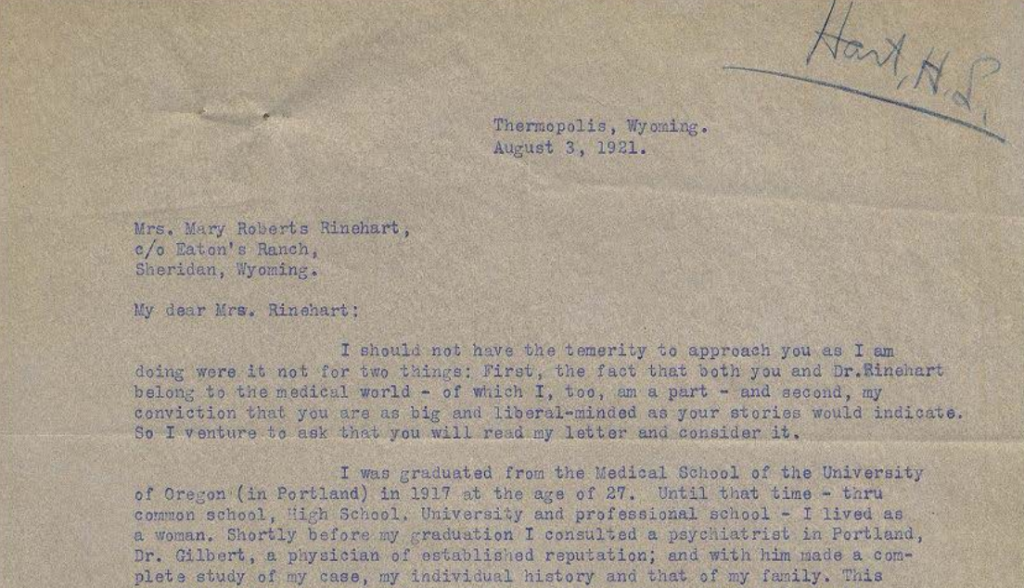 Letter from Alan Hart to Mary Roberts Rinehart