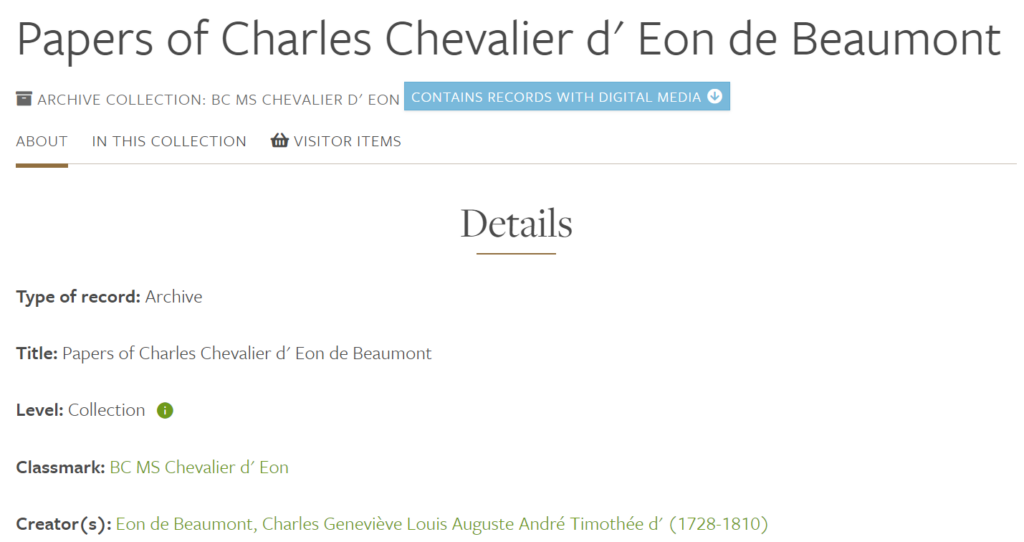 Papers of Charles Chevalier d’ Eon de Beaumont at University of Leeds